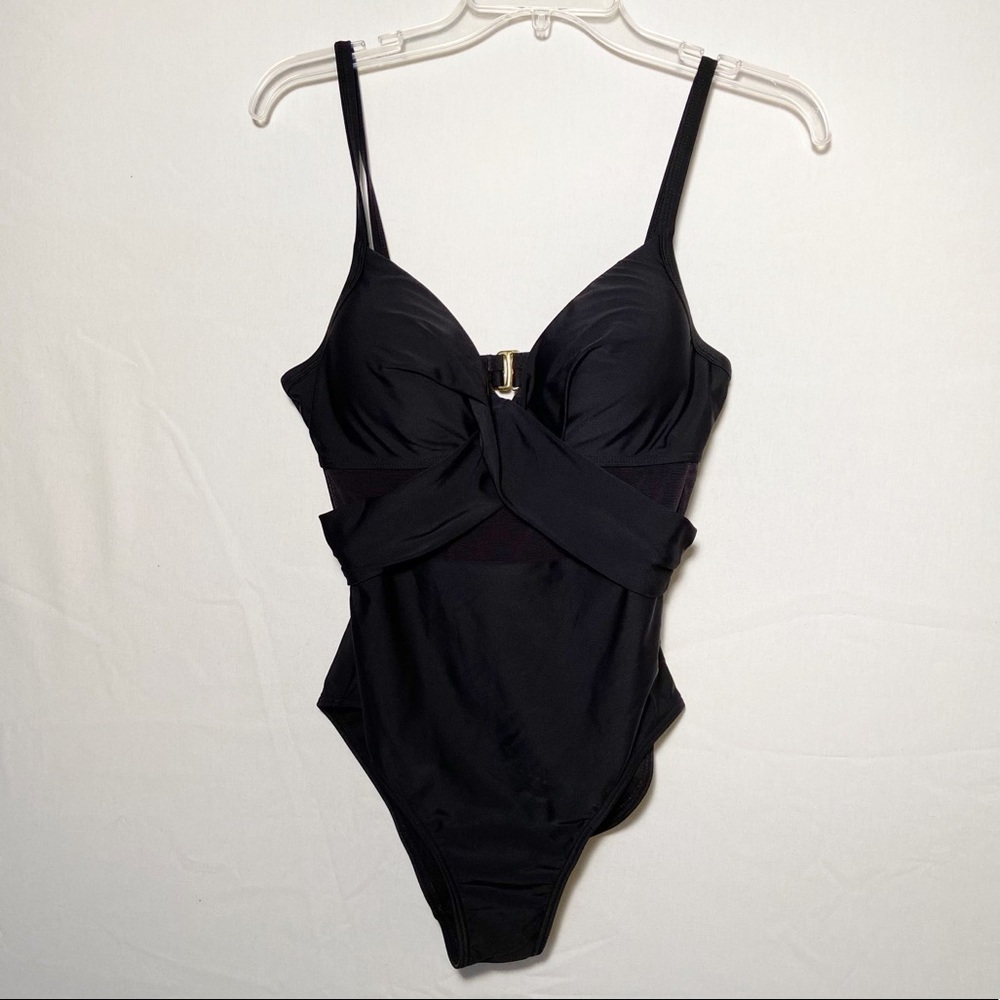 Island Waves Womens One Piece Solid Black Swimsuit Push Up‎ Beach Coastal Size S